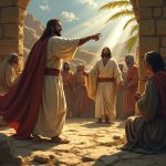 Jesús se encuentra ante un grupo de personas, impartiendo sabiduría y liderazgo espiritual.