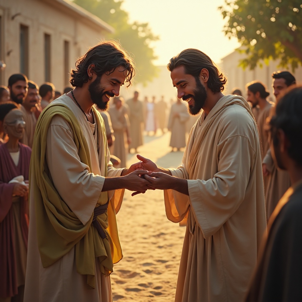 Los Milagros de Jesús 11 Dos hombres en ropas ceremoniales estrechan manos ante una multitud, en la escena de 'La Curación del Leproso'.