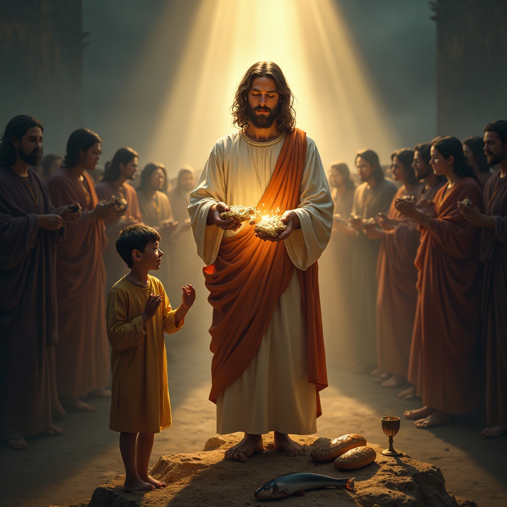 Los Milagros de Jesús 8 Jesús en el desierto, acompañado de un grupo de personas que lo escuchan atentamente.