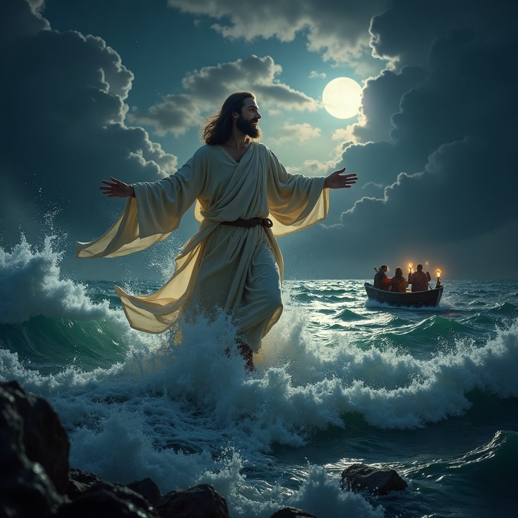 Los Milagros de Jesús 9 Imagen de Jesús caminando sobre el agua, con un bote al fondo, representando un milagro en el contexto bíblico.