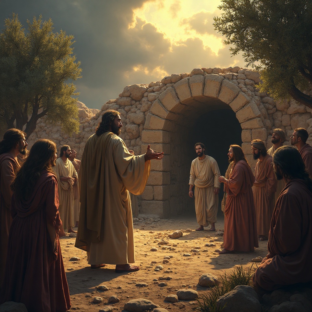 Los Milagros de Jesús 10 Jesús en posición central ante un grupo, capturando la esencia de 'La Resurrección de Lázaro'.