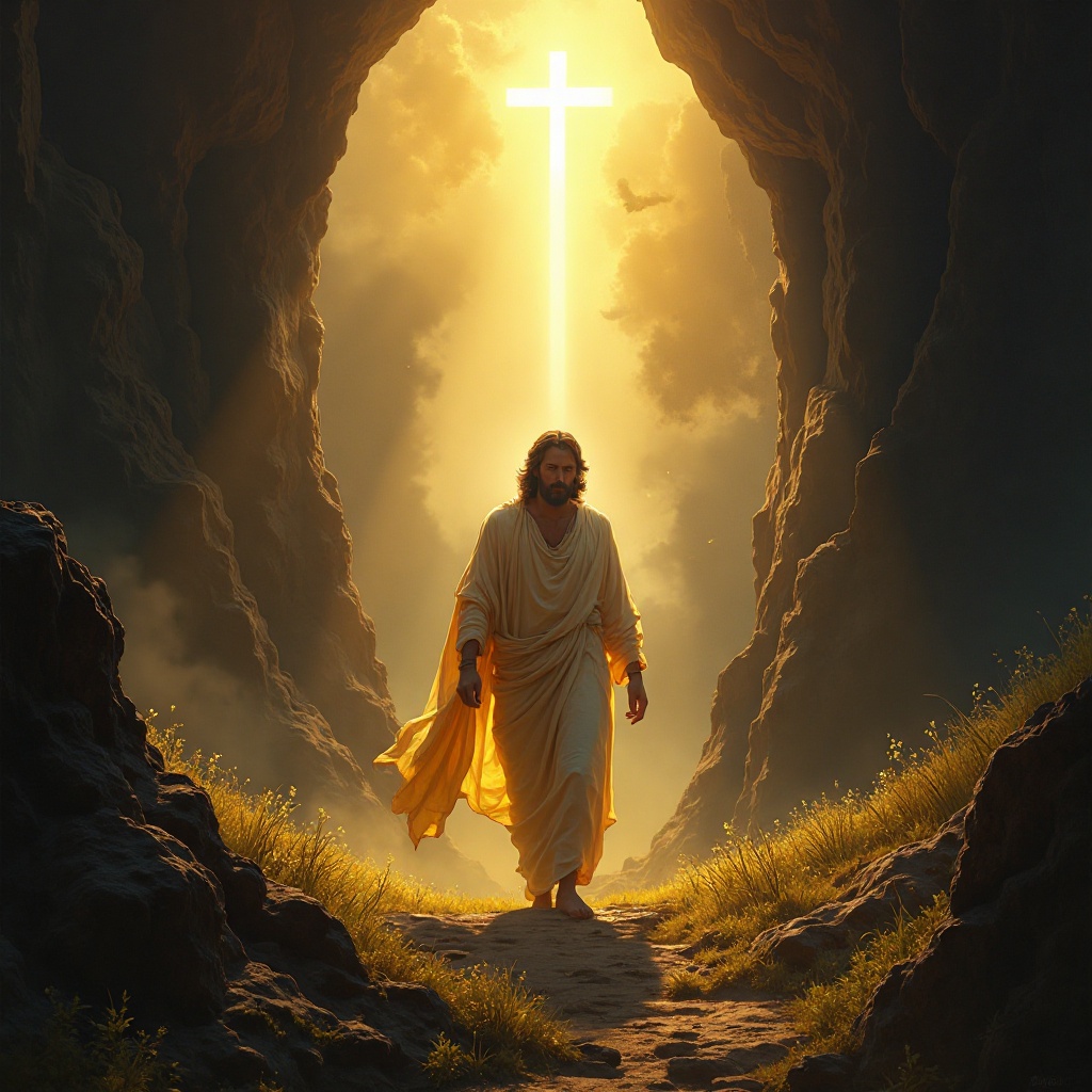 los Milagros de El Mesías Jesús emergiendo de la cueva con la cruz iluminada detrás de él, simbolizando su misión divina.