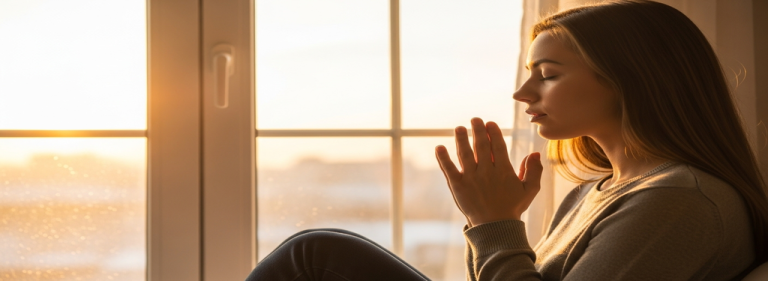 Mujer sentada en un alféizar de ventana, con las manos juntas en actitud de oración.